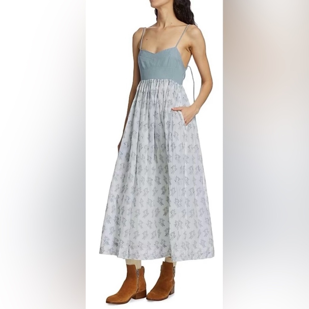 The Great. The Camelia Eyelet Low Cut Maxi Dress in Ashy Green Grey Size L NWT